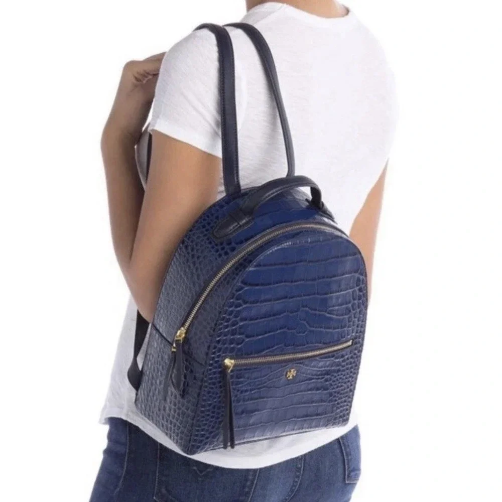 Tory Burch Navy Blue Croc Embossed Leather Backpack City Shoulder Bag Old Money
